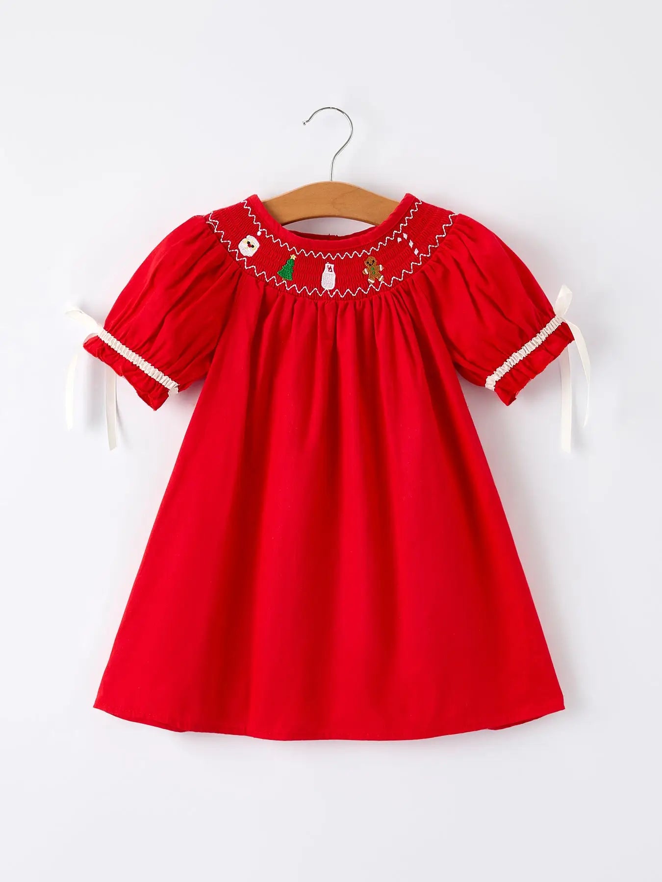 Christmas Gingerbread Embroidery Red Girls Dress with Bow 2 Christmas Gingerbread Embroidery Red Girls Dress with Bow 2