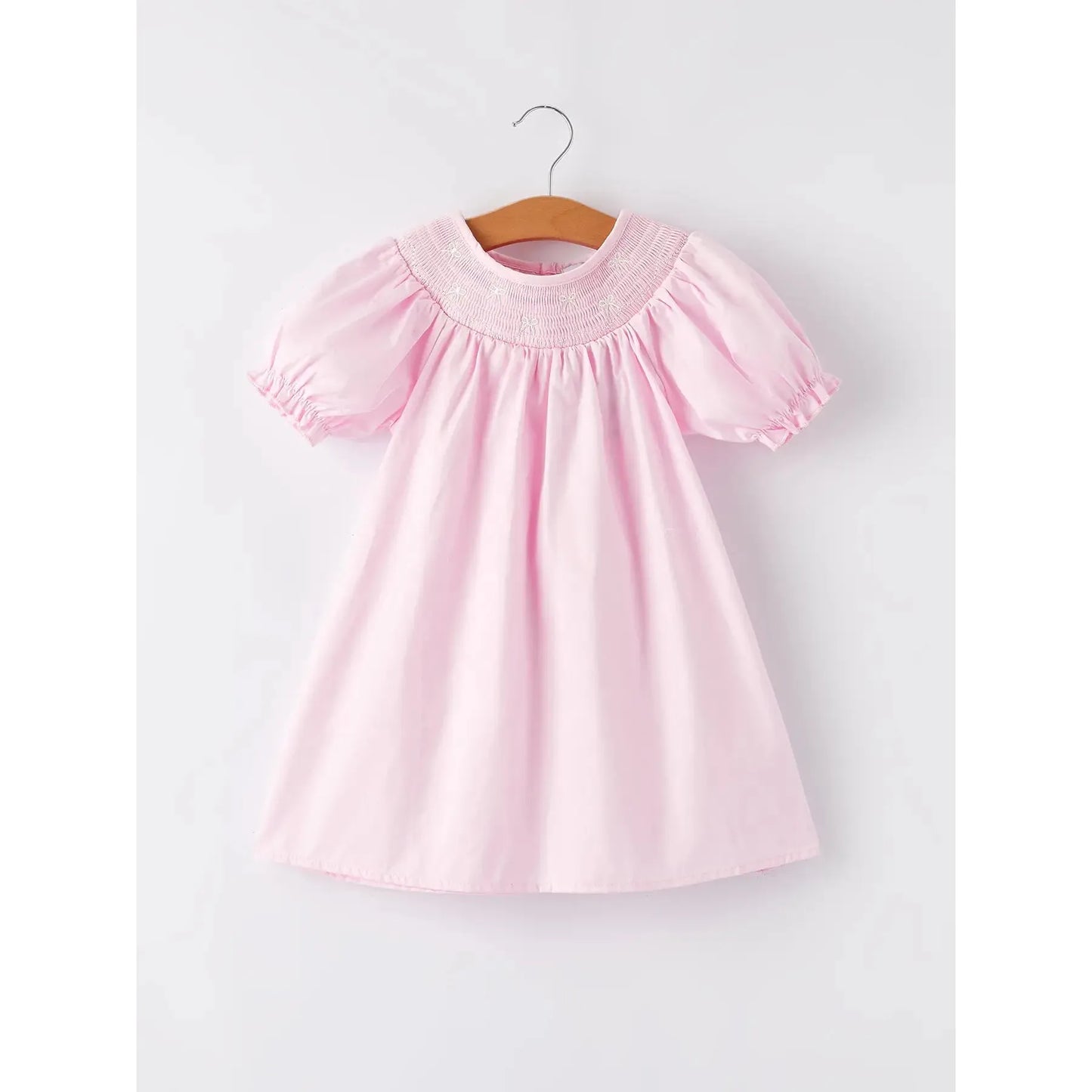 White Bow Smock Embroidered Pink Dress