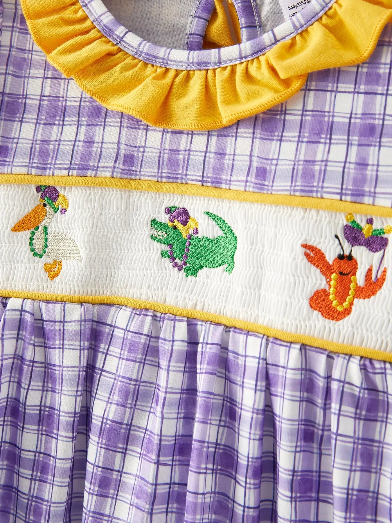 Mardi Gras Purple Plaid Animal Smock Embroidery Girls Dress