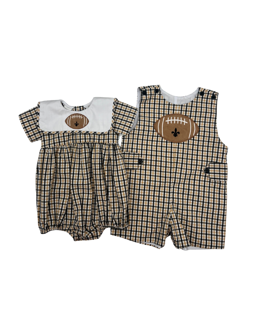 Lulu Bebe-Boys Plaid Saints Bubble Football Applique
