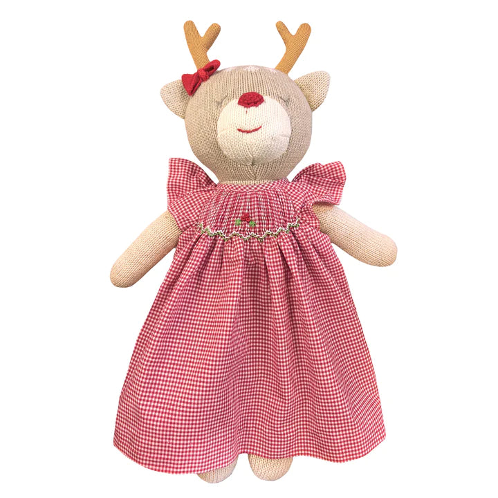 Petit Ami Reindeer Knit Doll, Red Check Dress