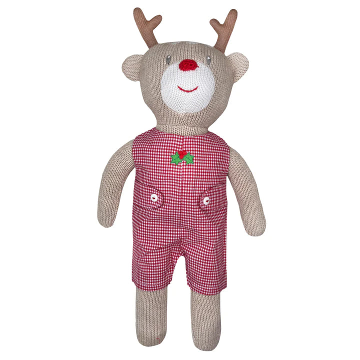 Petit Ami Reindeer Knit Doll, Red Check Romper