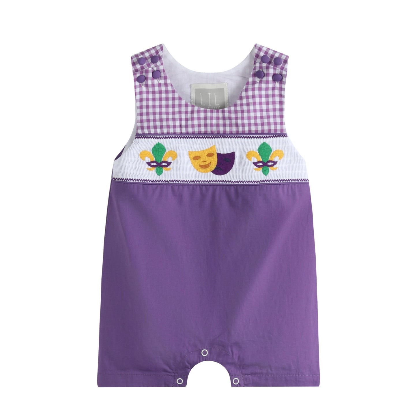 Purple/Gingham Mardi Gras Smocked Shortalls
