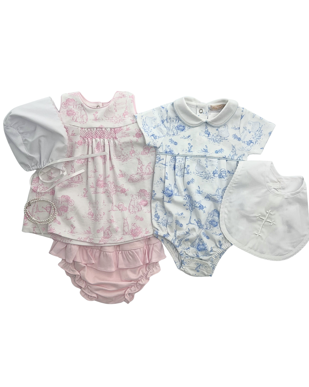 Pink Toile Bunnies Hand Smocked Dress