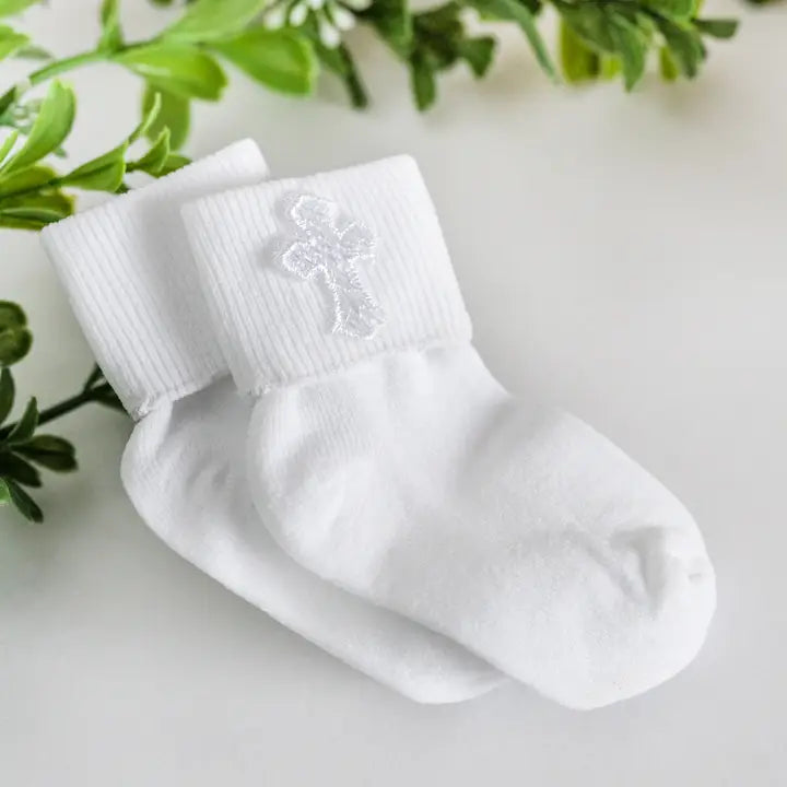 White Baby Baptism or Christening Dress Socks with Cross