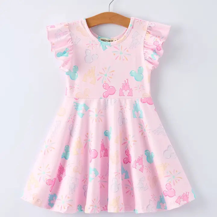 Spring Pink Theme Park Print Girls Twirl Dress 7 Spring Pink Theme Park Print Girls Twirl Dress 7