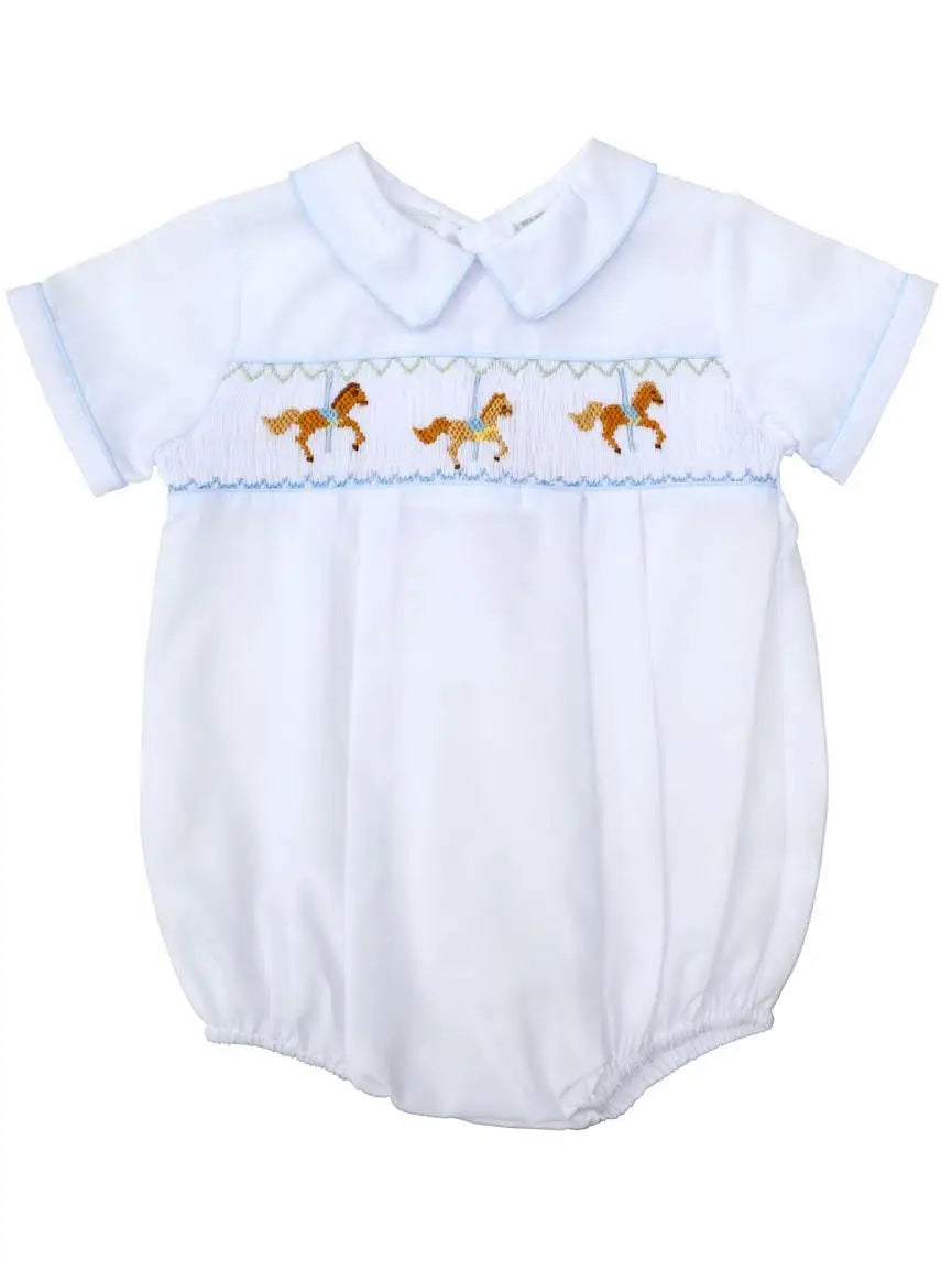 Baby Boys Hand Smocked Classic Creeper - White Carousel