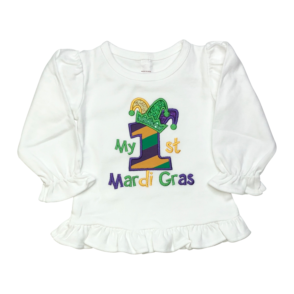 Mardi Gras - Girls 1st Mardi Gras Applique Design White Ruffle Shirt