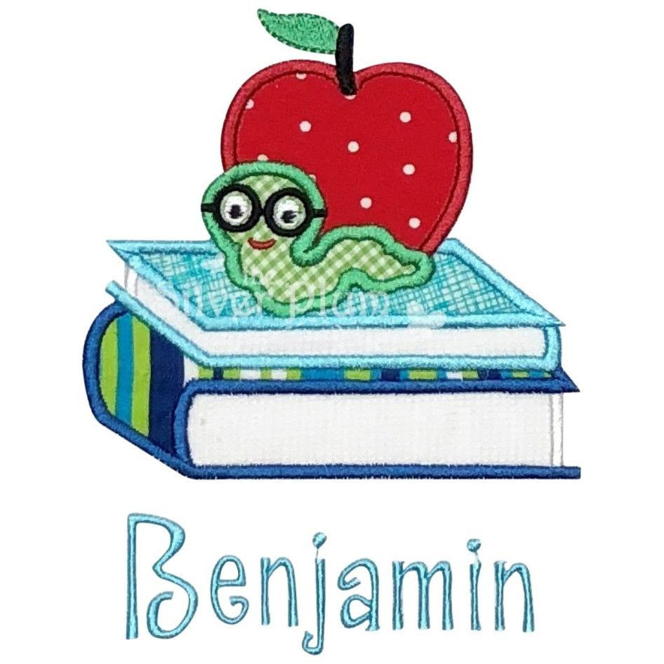 Back to School - Boy Book Worm, Apple & Worm Applique Design