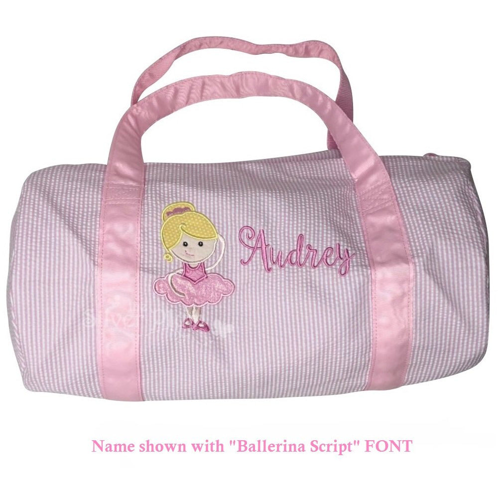 Seersucker Pink Ballet Bag, Ballerina Girl, Ballet Shoes Applique Design and Personalized Name