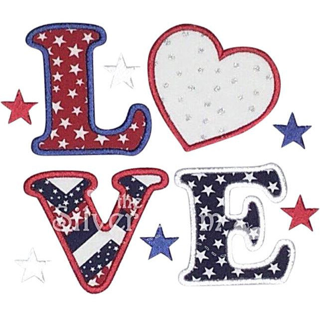 Patriotic - LOVE in Red, White & Blue with Big Heart and Stars Applique Design