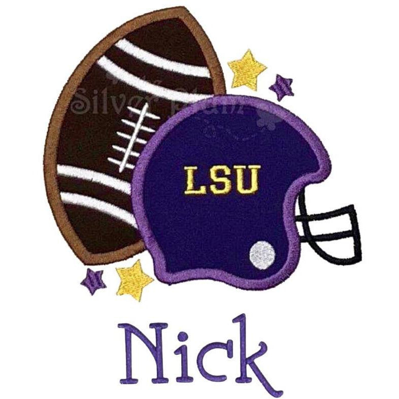 Sports - Football, Helmet, LSU Tigers Applique Design, Personalized Name, Boys Purple & Gold