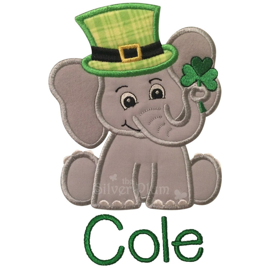 St. Patrick's Day - Baby Elephant with Clover , Leprechaun Hat Applique Design, Personalized Name
