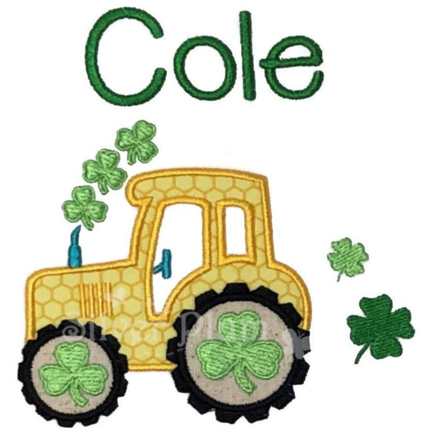 St Patricks' Day - Tractor with Green Clovers, Big Wheel Applique Design and Personalized Name