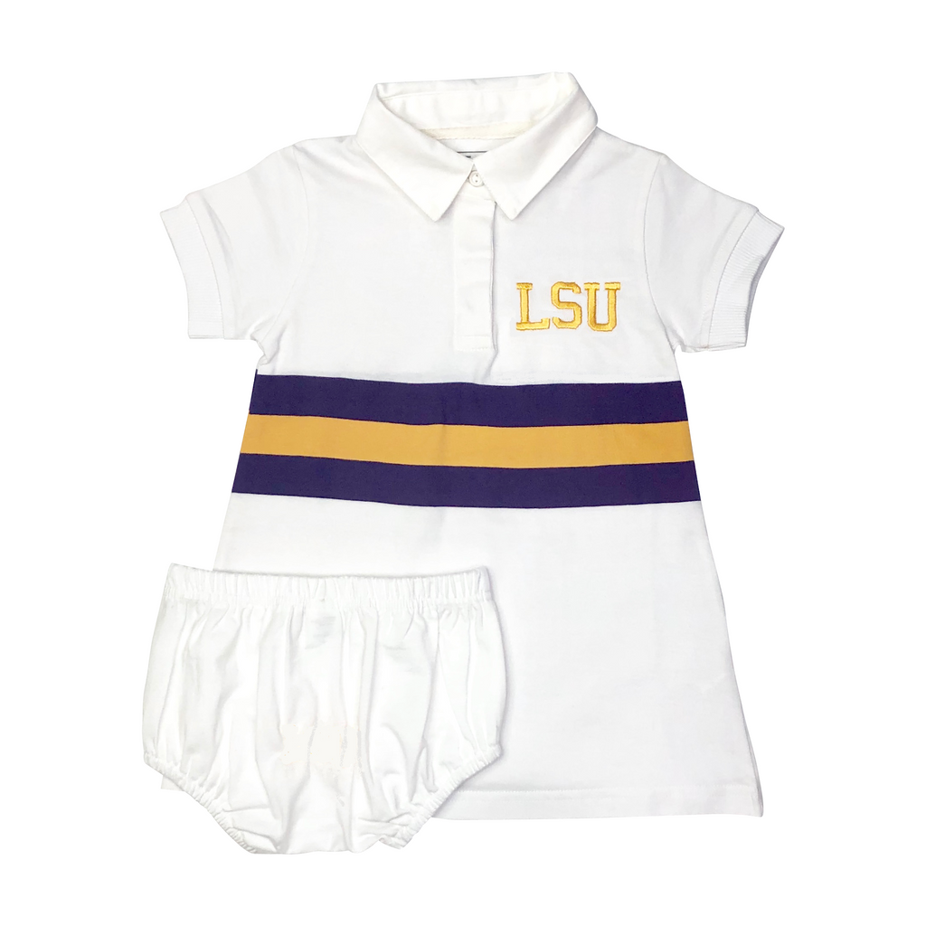 MeMe LSU White Short Sleeve Rugby Dress,  LSU Monogram
