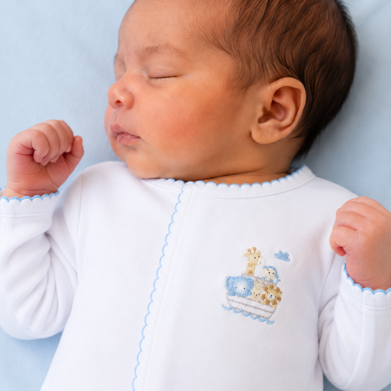 Noah's Ark Hand-Embroidered  Footie - Light Blue
