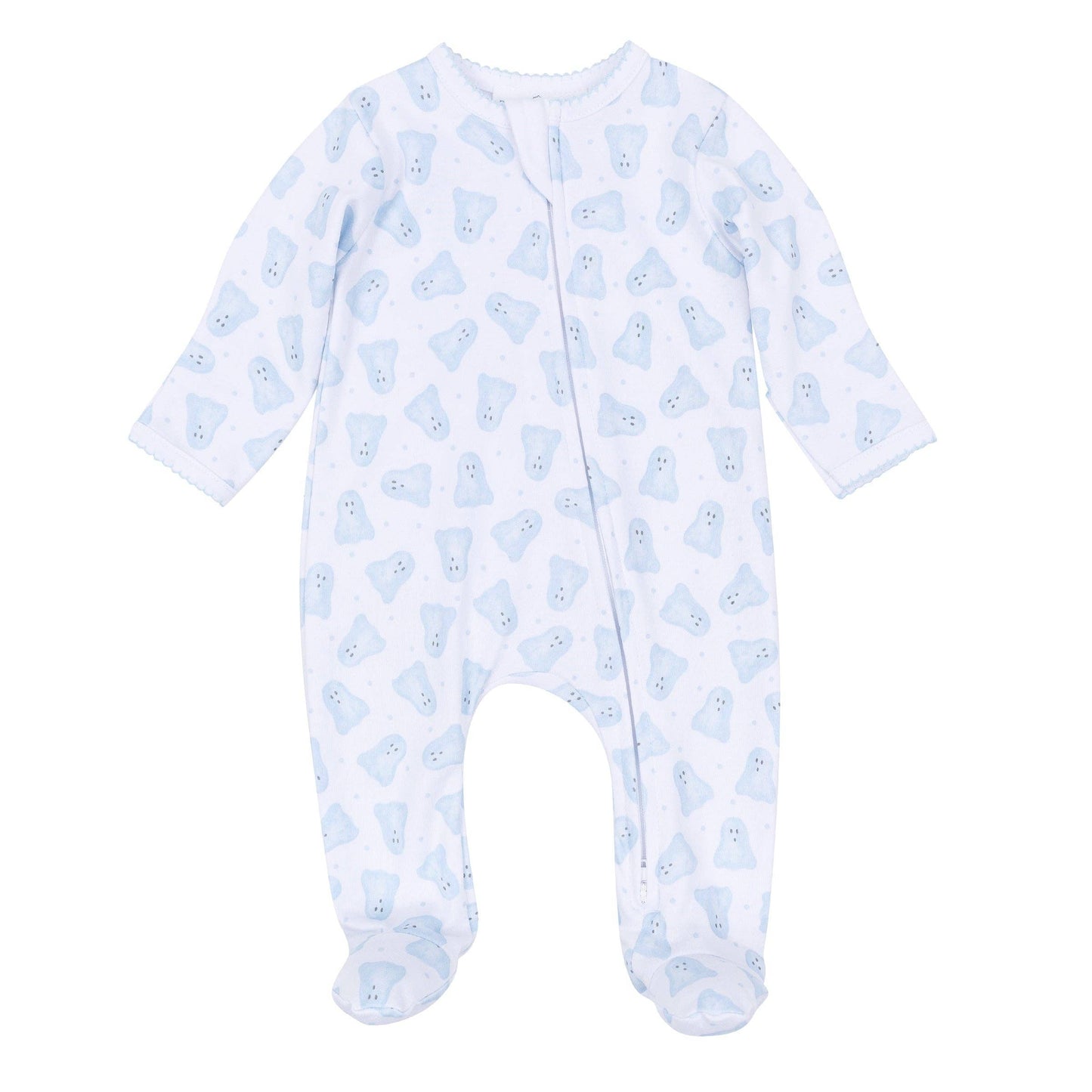 Baby Boo Print Zip Footie - Light Blue