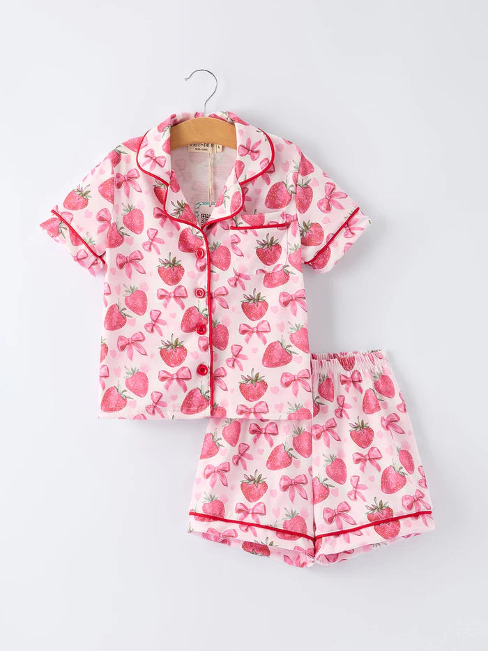 Strawberry Bow Short Sleeve Shorts Pajama Set