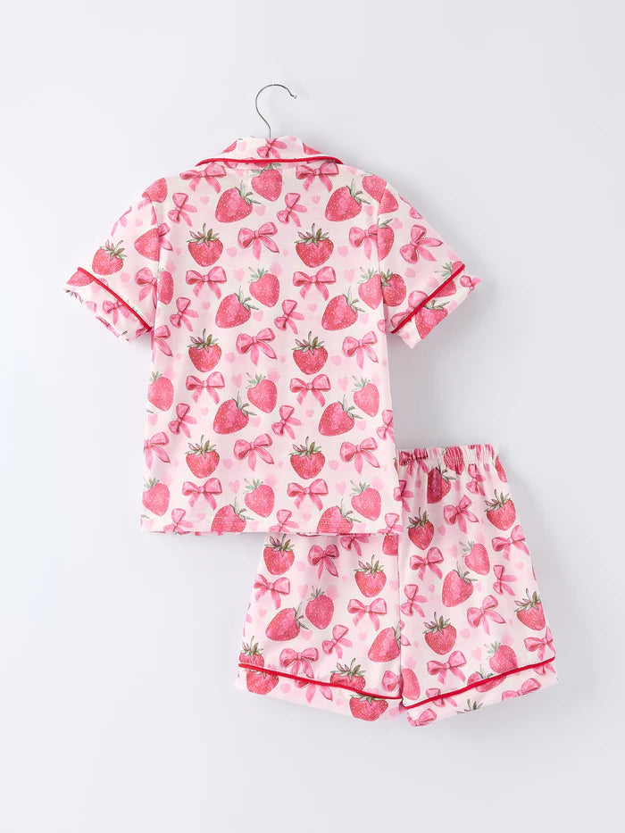 Strawberry Bow Short Sleeve Shorts Pajama Set