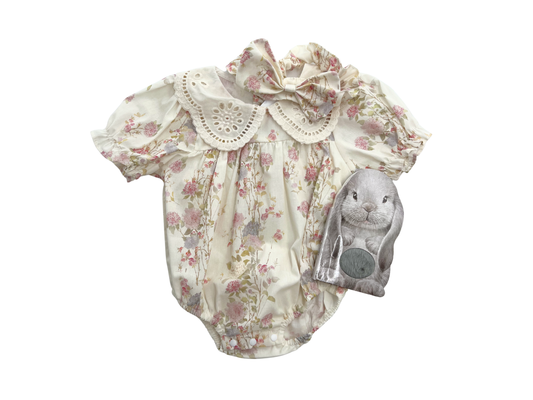 Sweet Floral Lace Baby Girls Romper with Matching Headband