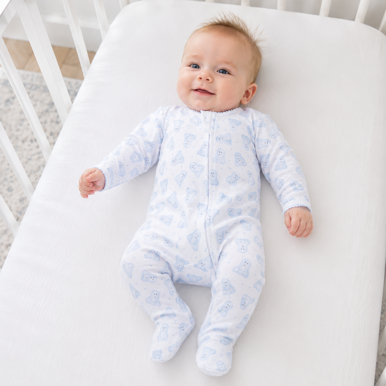 Baby Boo Print Zip Footie - Light Blue