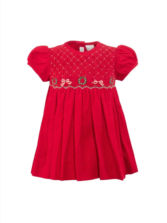 Smocked Corduroy Red Baby Girl Short Sleeve Dress