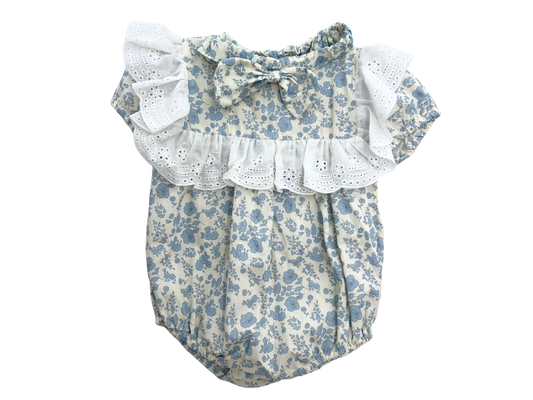 Blue Floral Lace Baby Girls Romper Match Headband