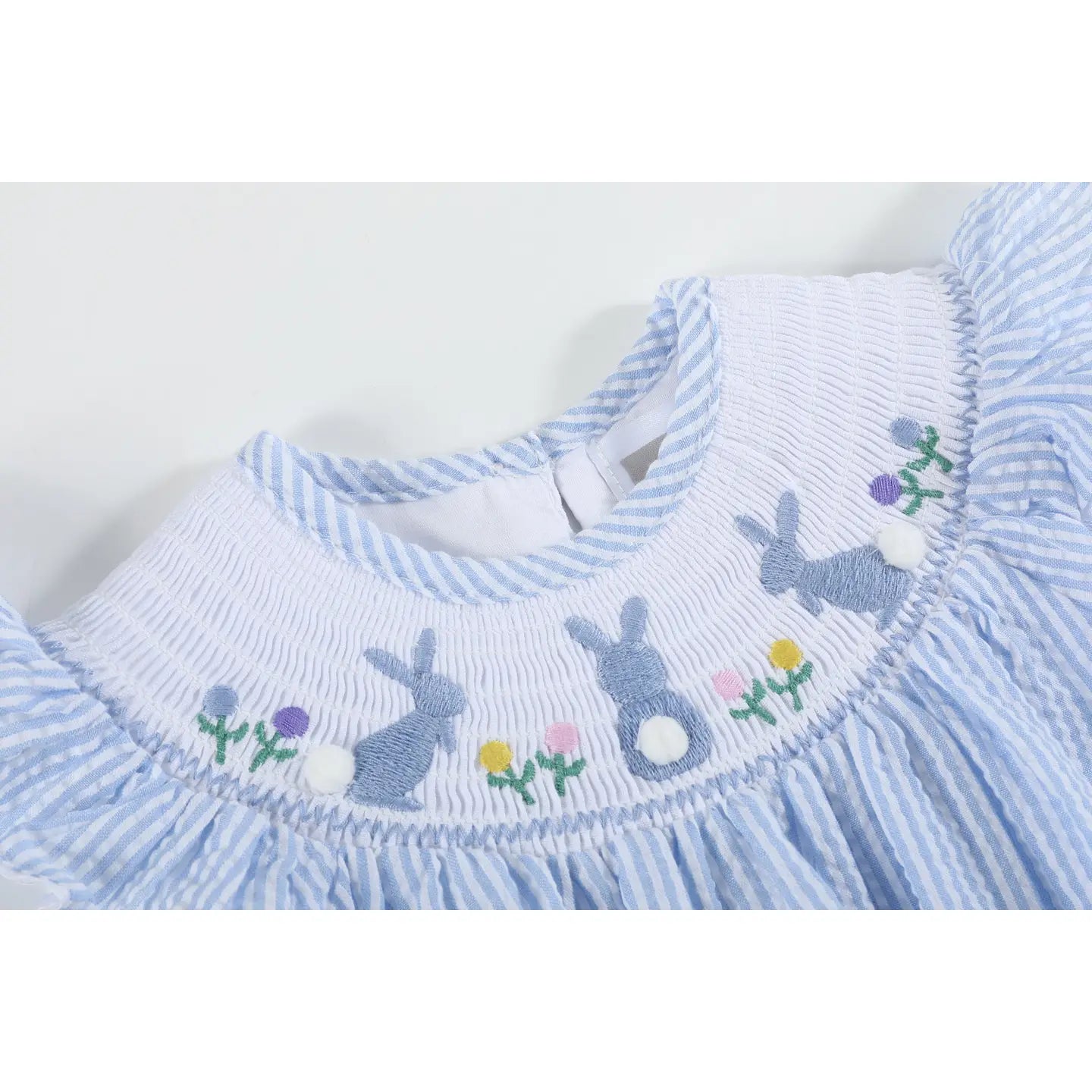 Light Blue Seersucker Easter Smocked Flutter Romper