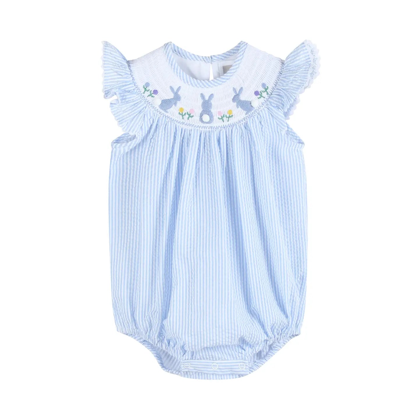 Light Blue Seersucker Easter Smocked Flutter Romper