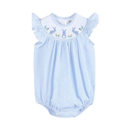 Light Blue Seersucker Easter Smocked Flutter Romper