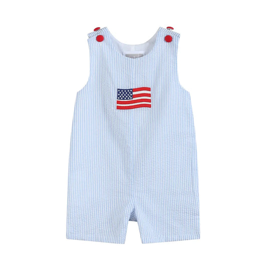 Blue Seersucker USA Flag Shortalls