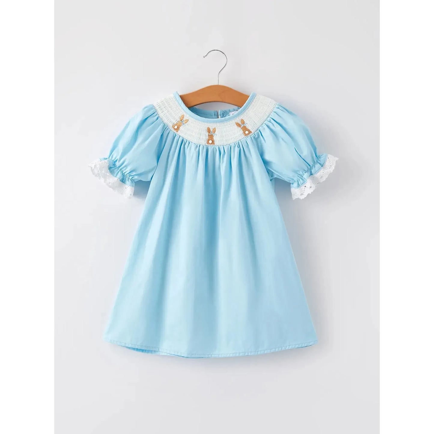 Easter Bunny Smocking Embroidered Lace Cuff Blue Dress
