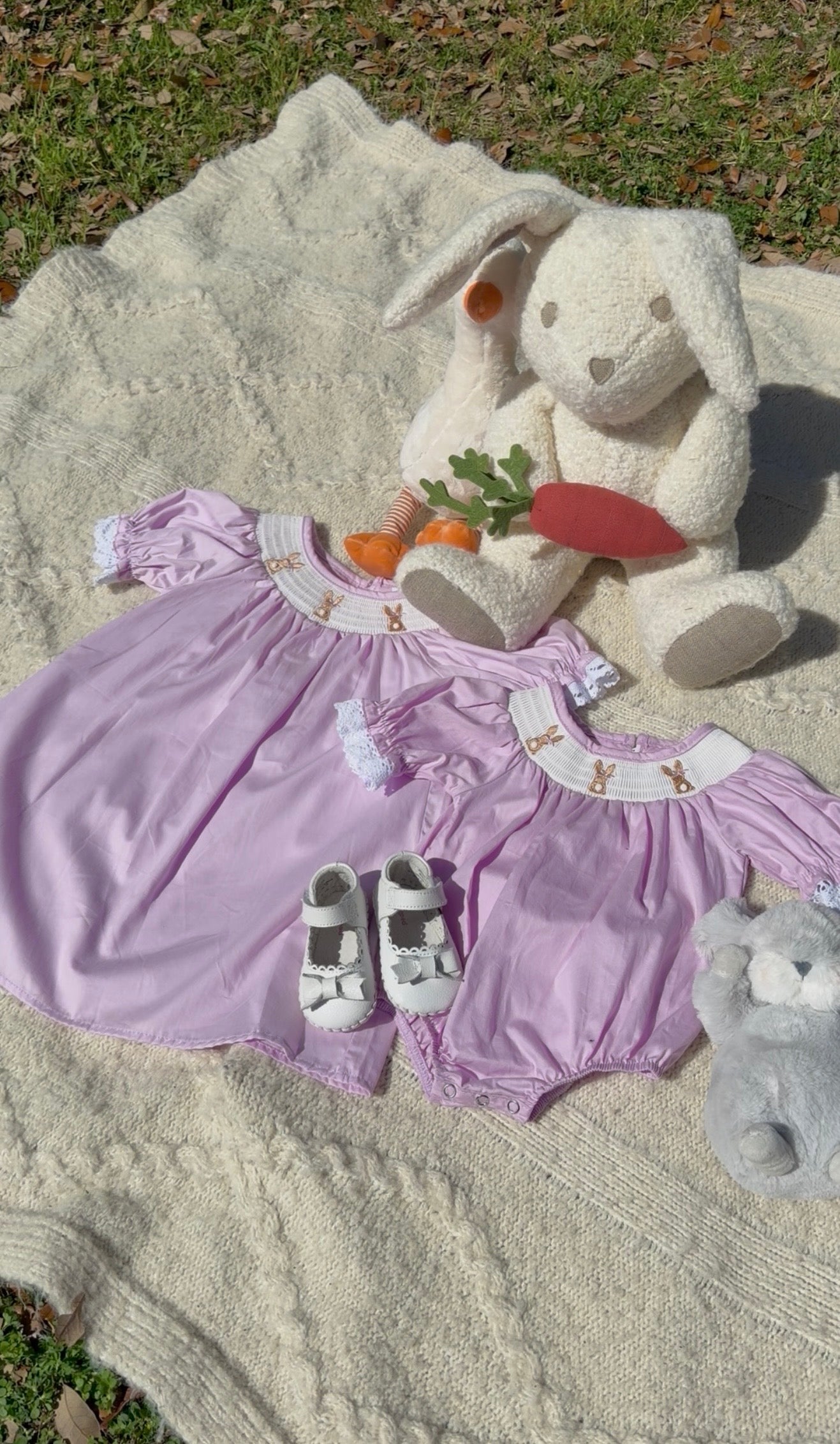 Girls Bunny Smocking Embroidered Lace Cuff Purple Romper