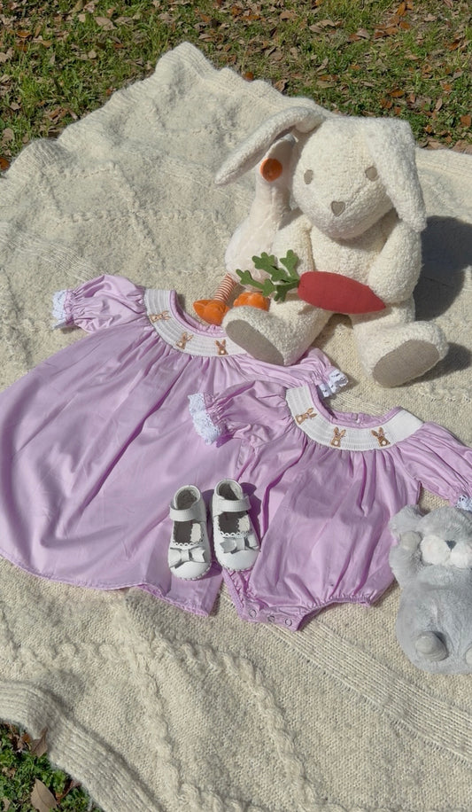 Girls Bunny Smocking Embroidered Lace Cuff Purple Romper