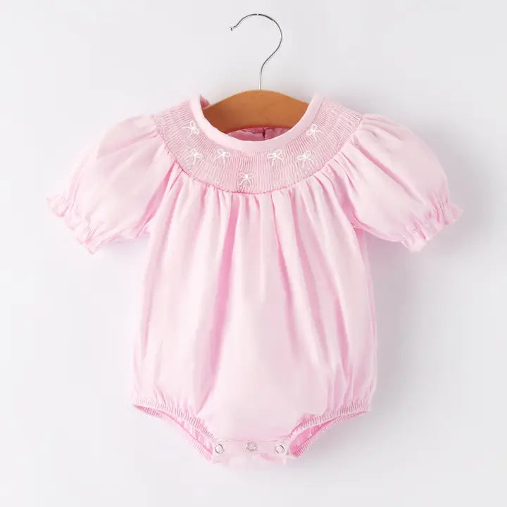 White Bow Smock Embroidered Pink Dress