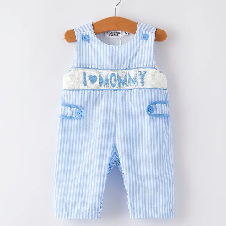 I Love Mommy-Embroidery Smocking Striped Romper