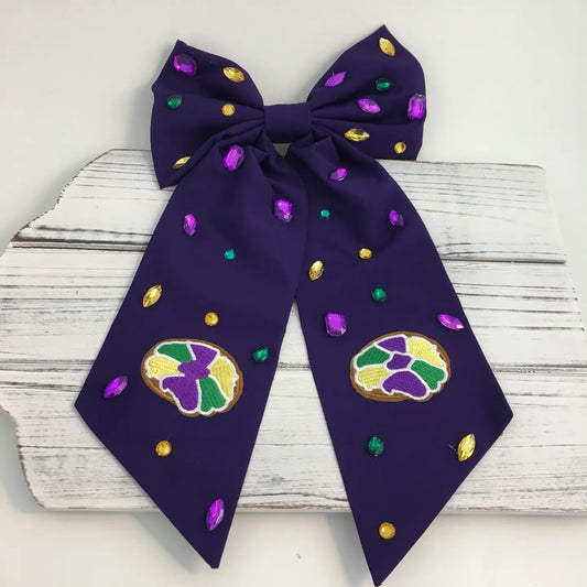 King Cake Hair Bow W/Stones