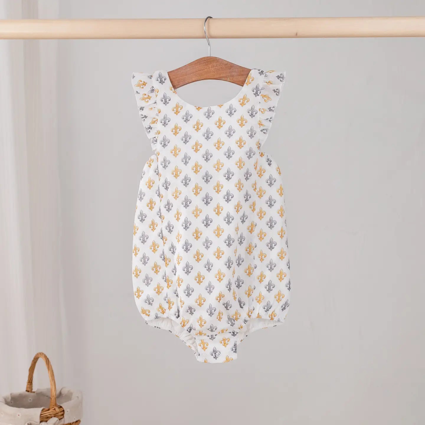 Black & Gold Fleur De Lis Organic Muslin Bubble Romper