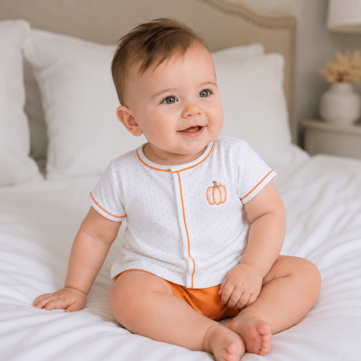 Baby Pumpkin Hand-Embroidered Boy Diaper Cover Set