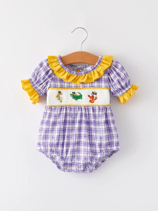 Mardi Gras Purple Plaid Animal Smock Embroidery Girls' Romper