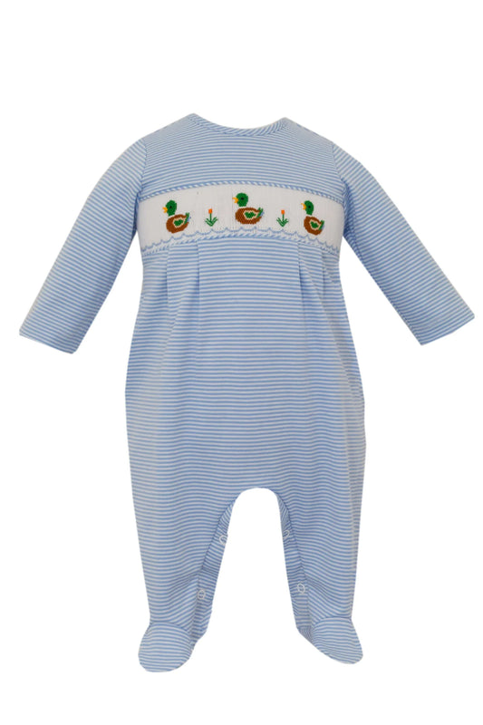 Petit Bebe Mallard Ducks Boy Smocked Long Romper