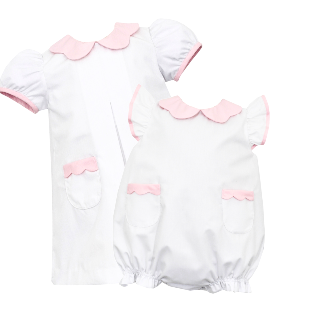 White Poplin Bubble, Pink Scalloped Collar