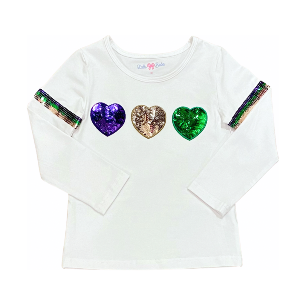 MeMe Mardi Gras Sequin Heart Trio Shirt