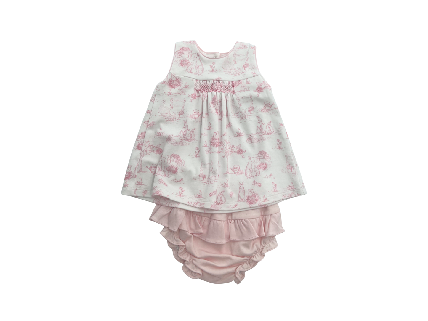 Pink Toile Bunnies Hand Smocked Dress