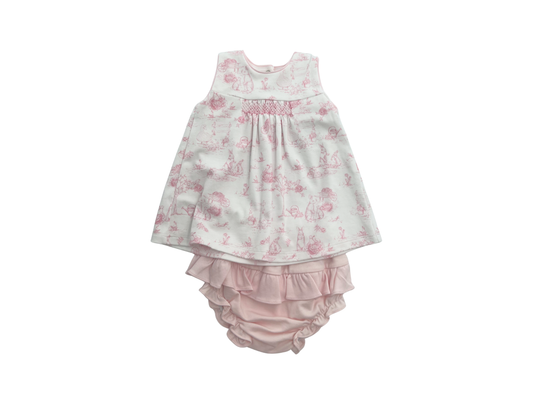 Pink Toile Bunnies Hand Smocked Dress