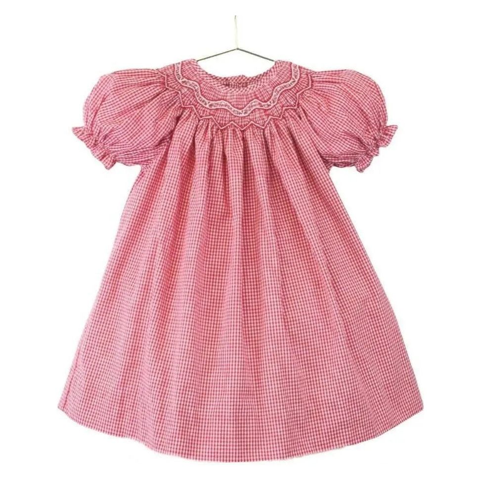 Petit Ami - Bishop Smocked Red Mini Check Dress with Pearls