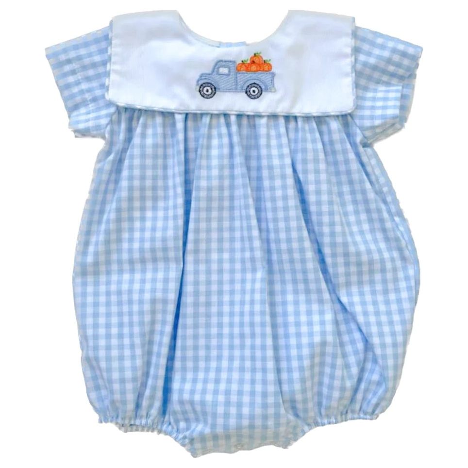 Pumpkin Truck Embroidery Boy Bubble Blue