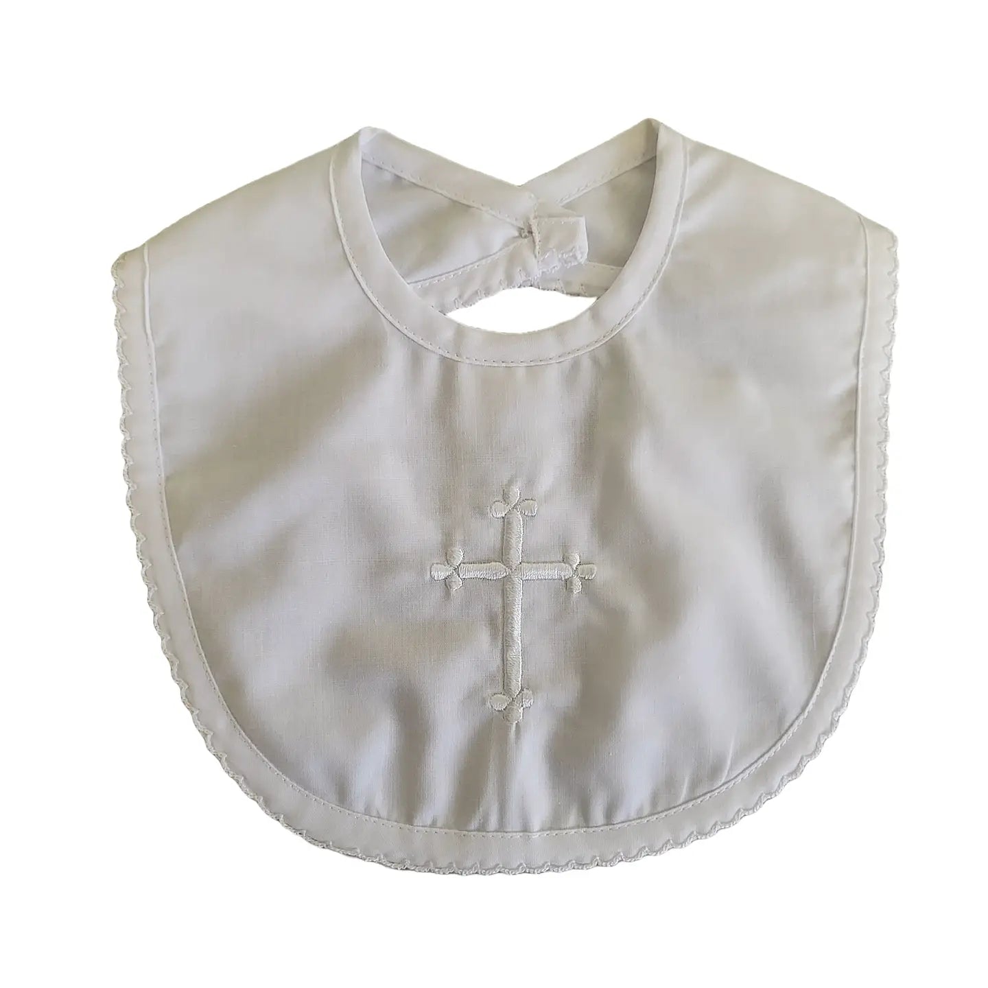 Embroidered Cross Christening Bib with Scallop Edge