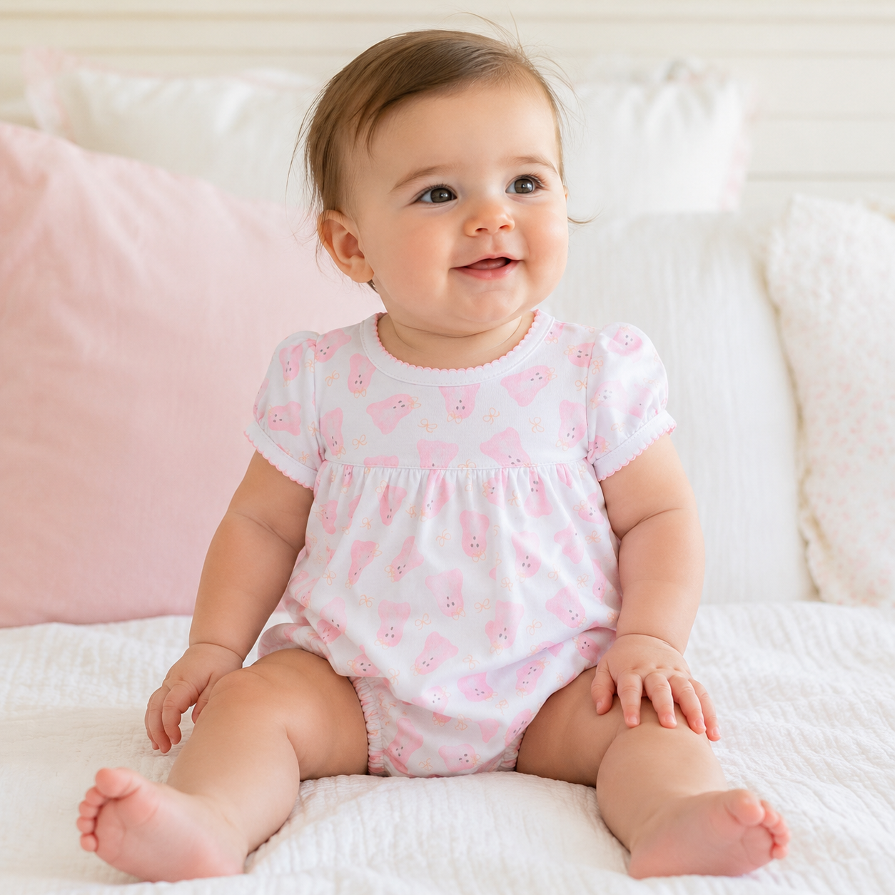 Baby Boo Print Ruffle Short Sleeve Bubble - Pink