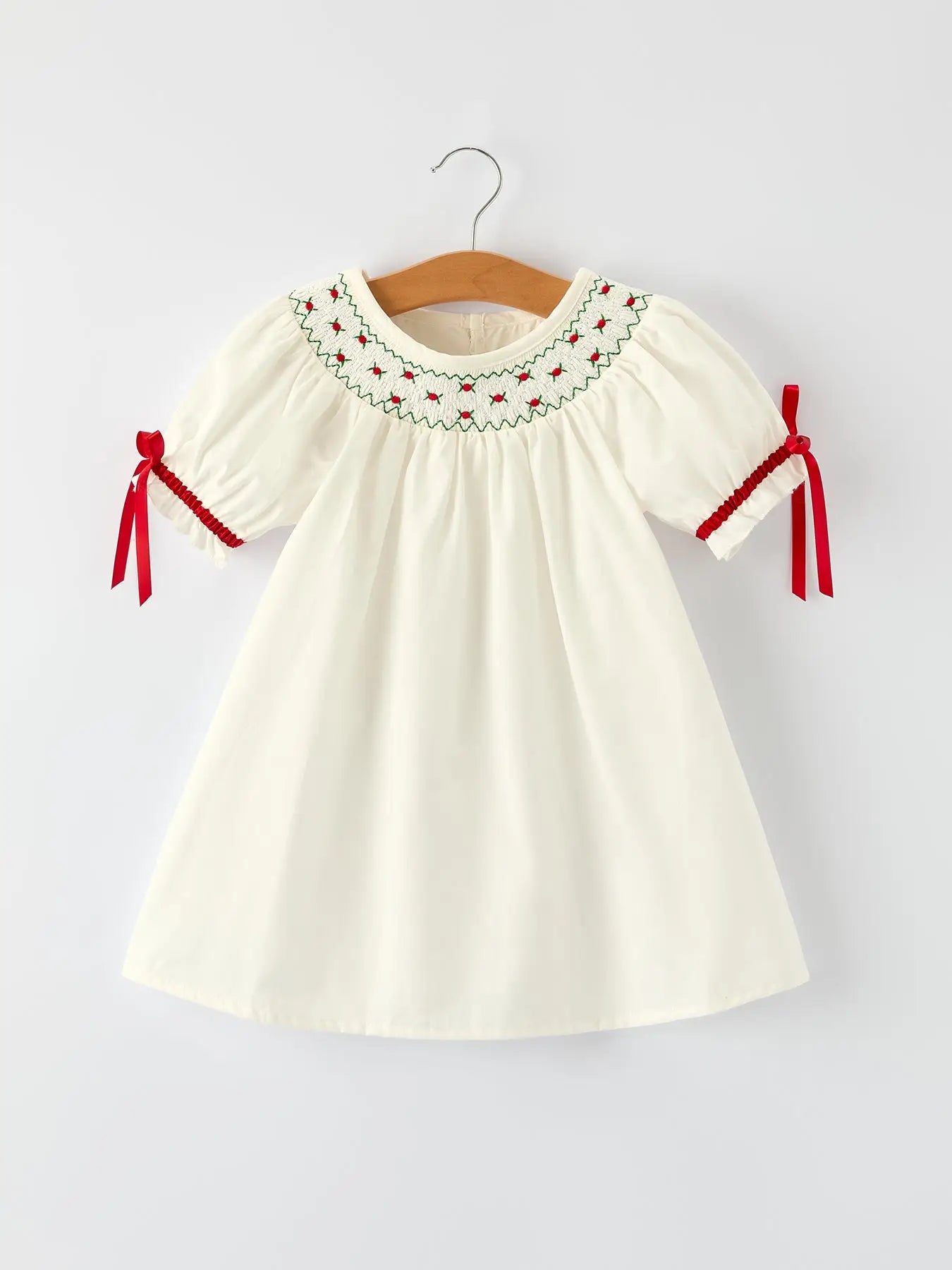 White Christmas Girl's Dress: Delicate Embroidery with Red Bow Details 4